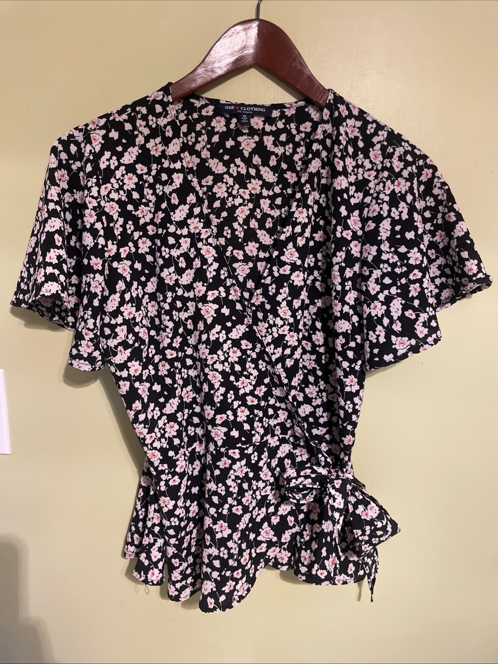 one clothing Black Floral Wrap Blouse with Pale Pink Flowers